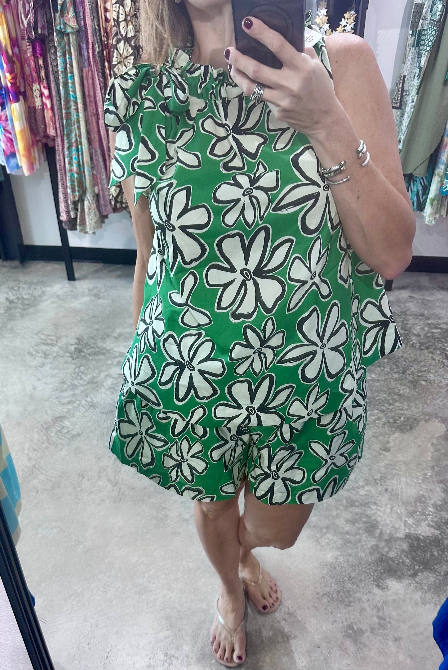 Green Floral Print Top & Shorts Set