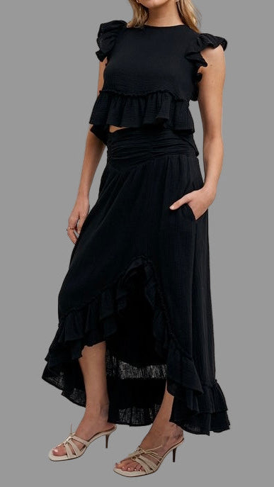 Ruffle Trim Top & Maxi Skirt Set