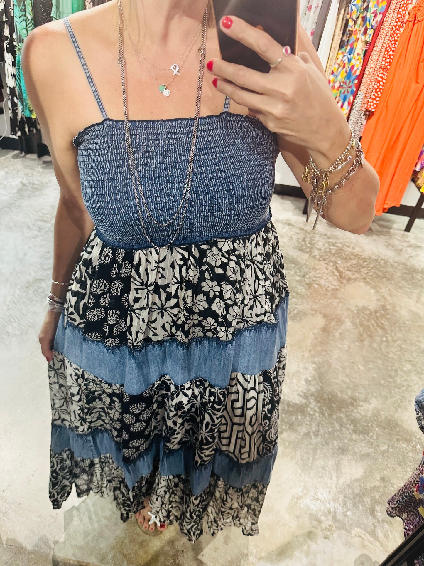 Smocked & Tiered Patchwork Maxi Dress