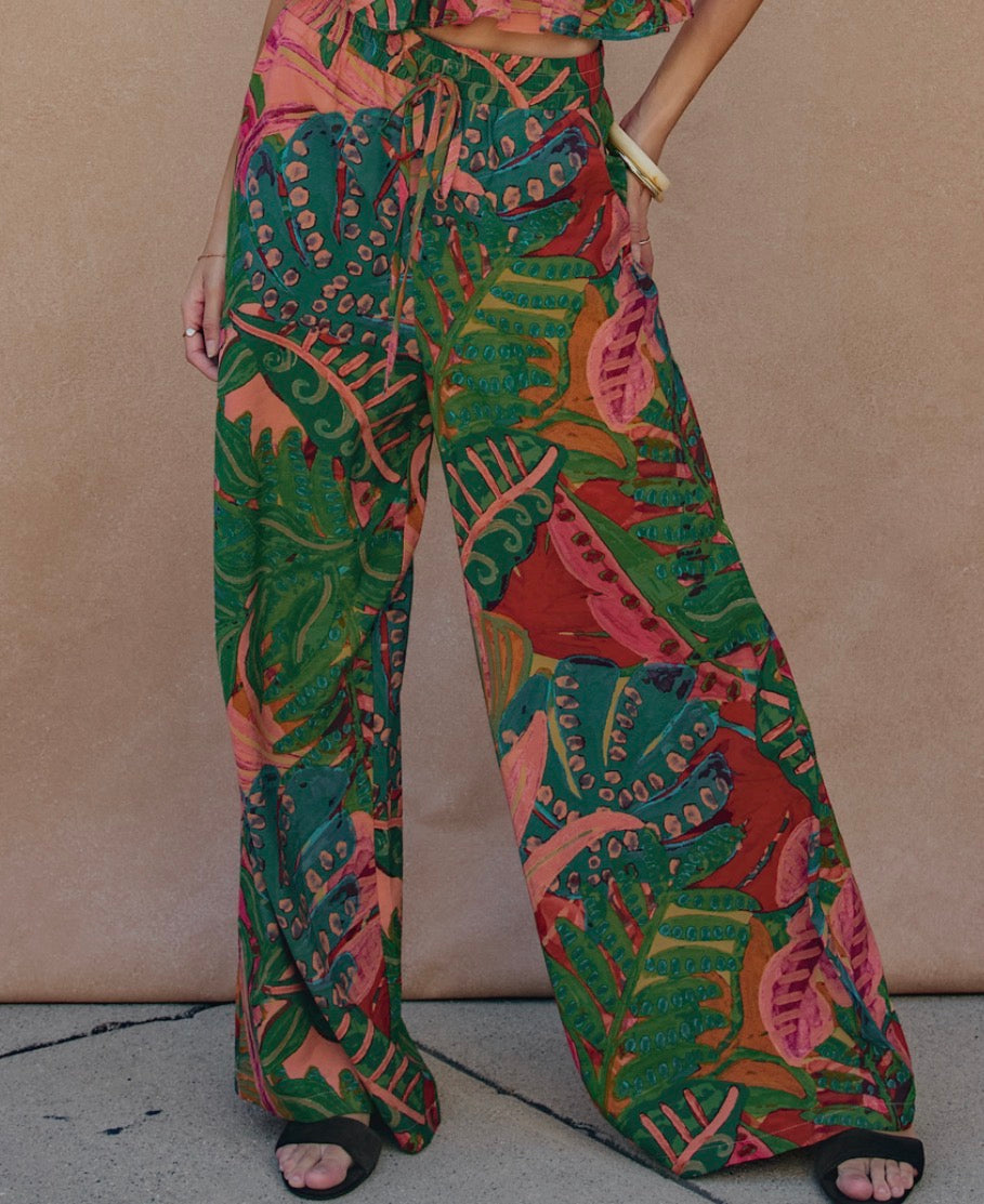 Tropical Print Wide Leg Pants