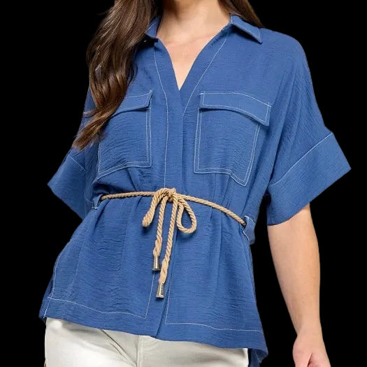 Blue V neck Belted Top