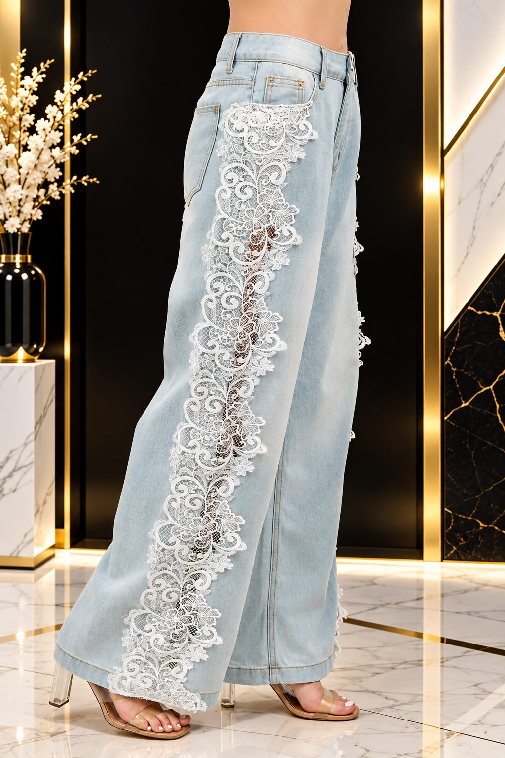 Floral Lace Wide Leg Denim