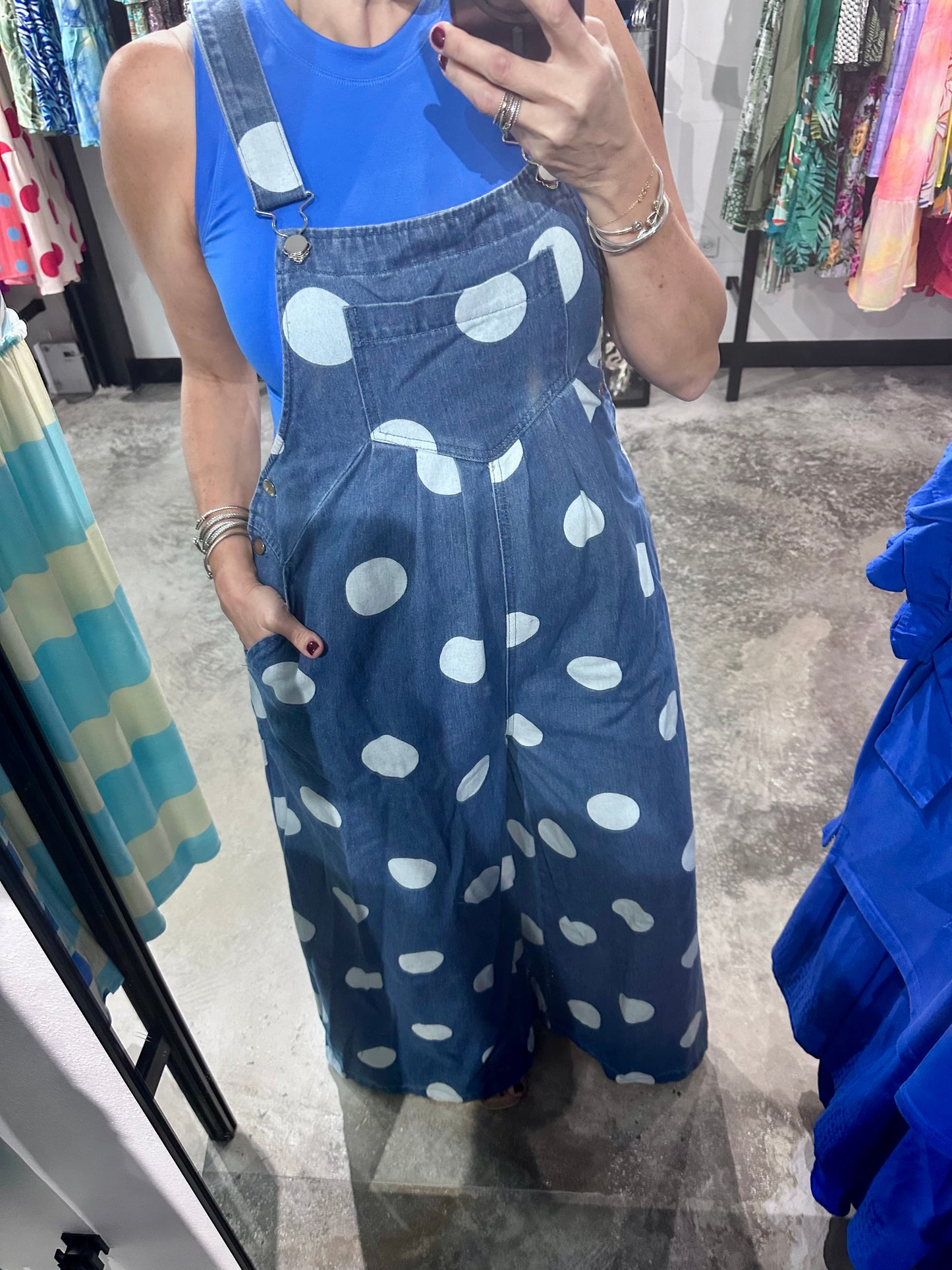 Polka Dot Denim Wide Leg Jumpsuit