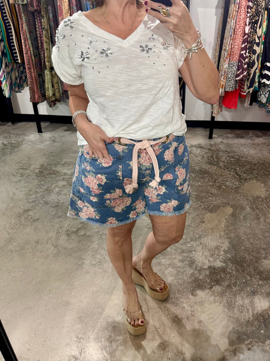 Braided Waist Floral Print Shorts