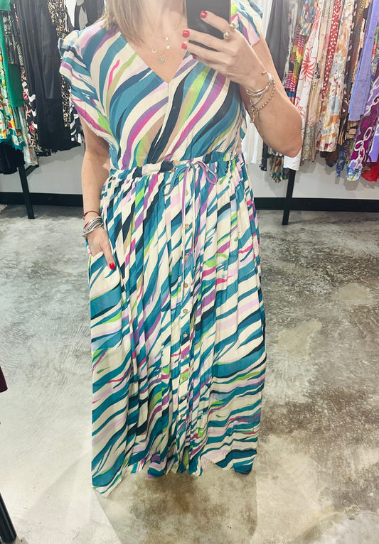 Teal Abstract Print Maxi Dress