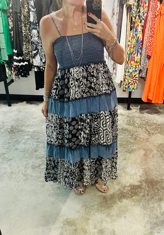 Smocked & Tiered Patchwork Maxi Dress