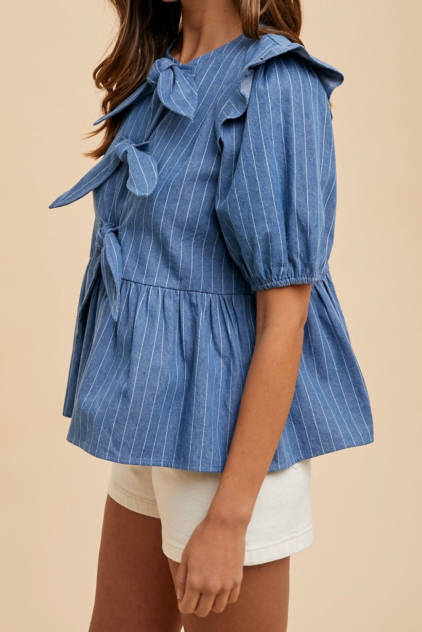Stripe Bow Peplum Denim Top