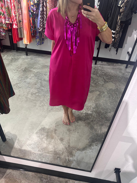 Hot Pink V Neck Midi Dress