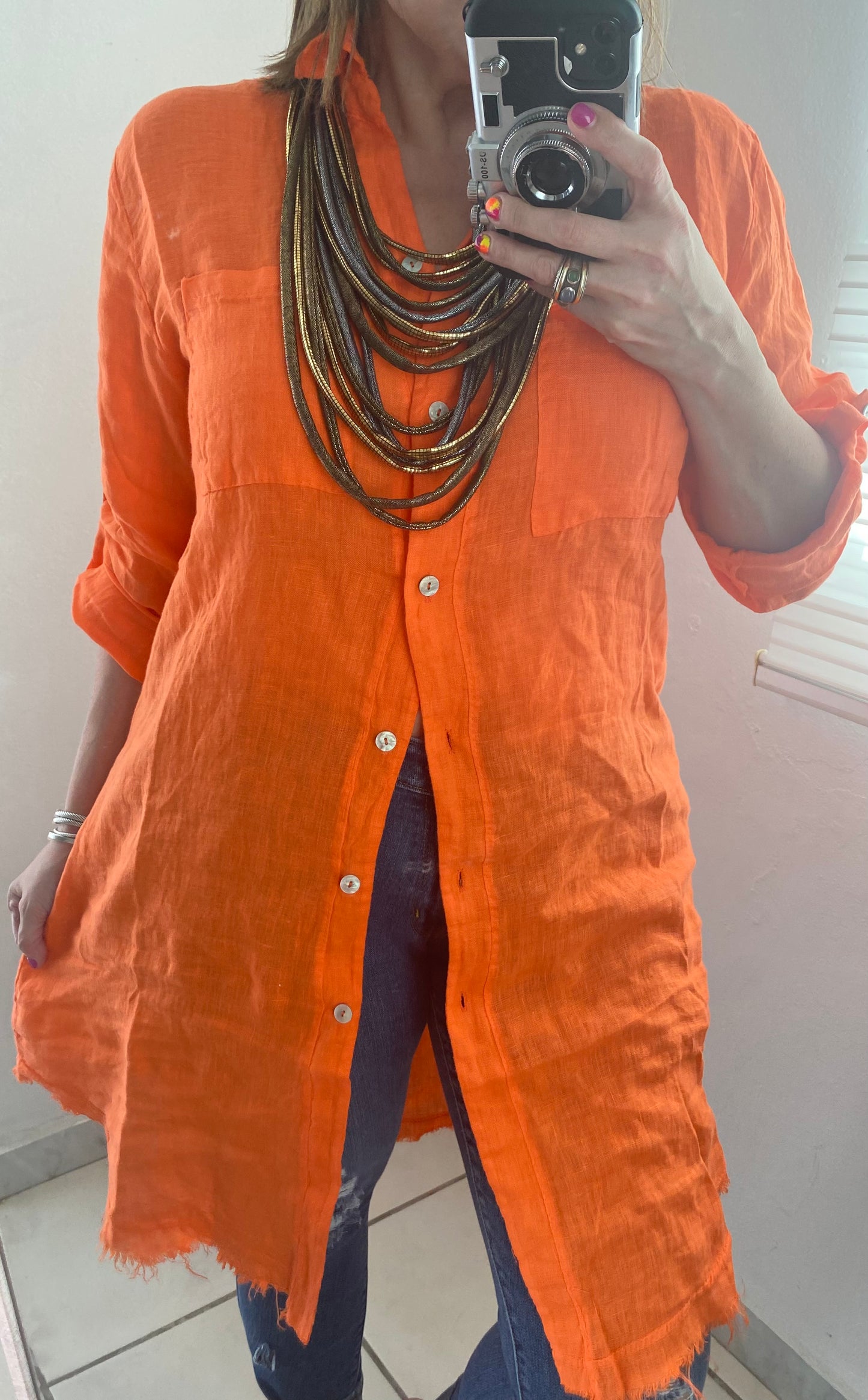 Orange Shirt Linen Dress