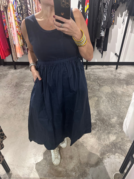 Navy Mixed Fabric Midi Dress