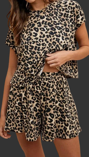 Pre Order - Leopard Knit Top & Shorts Set