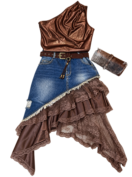 Asymmetrical Lace Denim Skirt