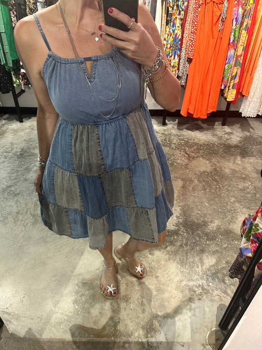 Large - Patchwork Denim Short Dress
