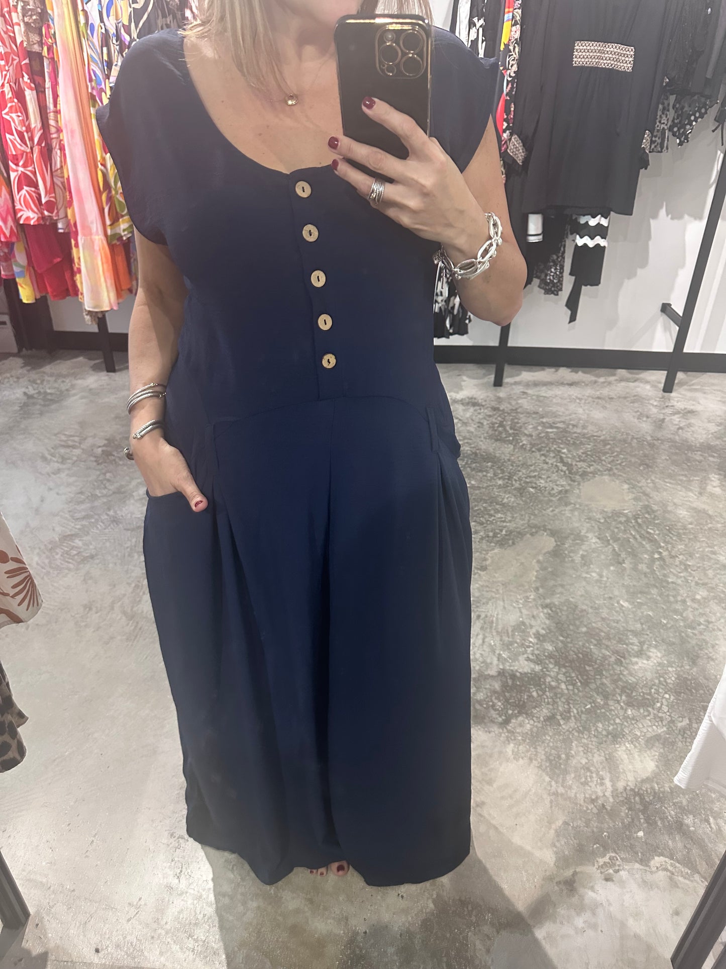 Navy Button Up Wide Leg Jumpsuit