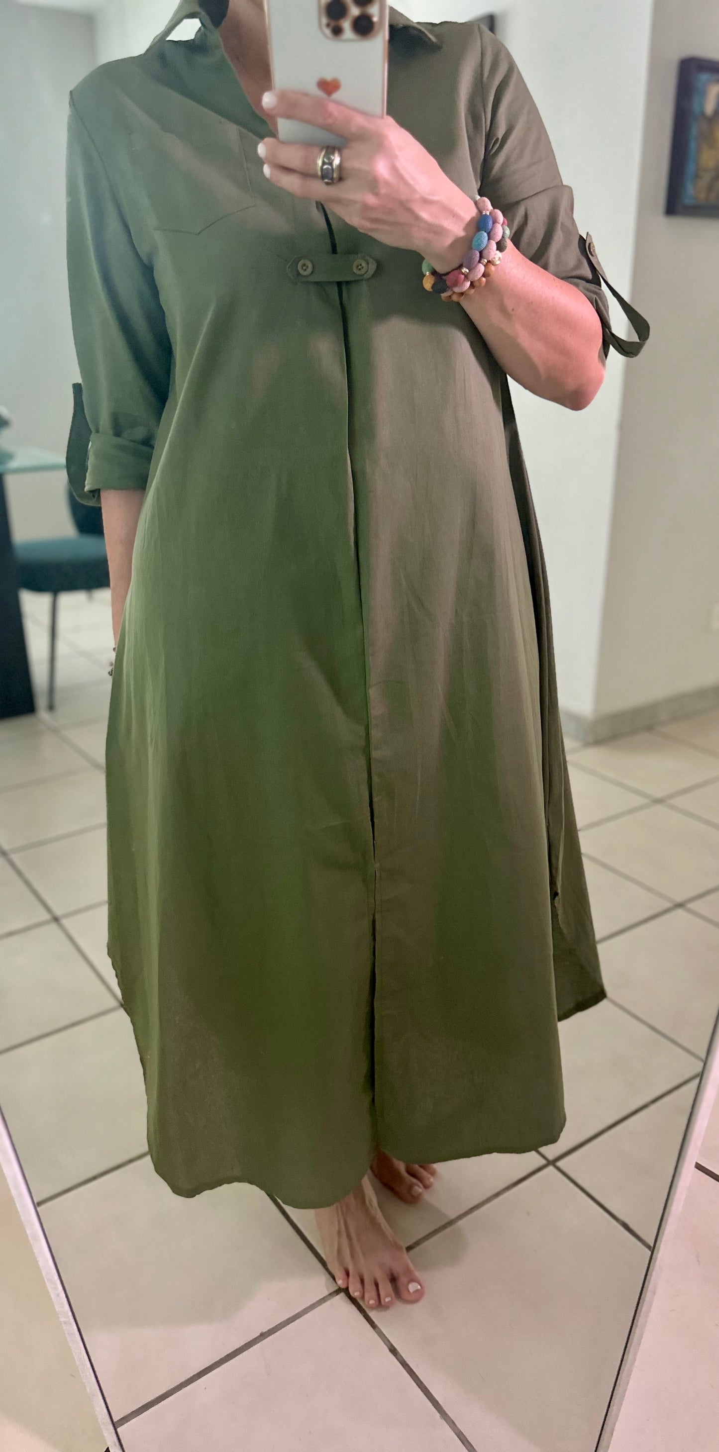 Military Green Long Sleeve Midi Dress