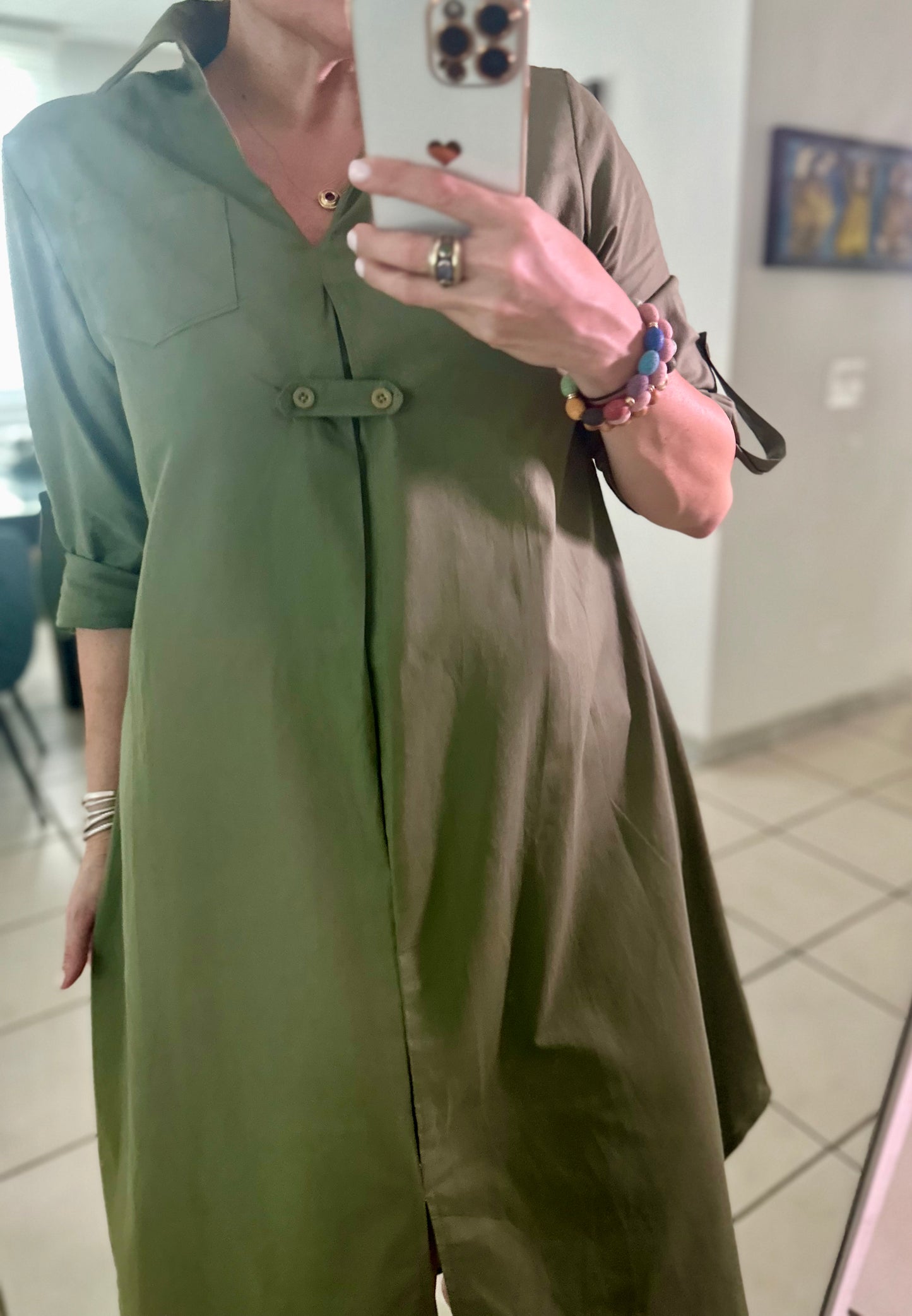 Military Green Long Sleeve Midi Dress