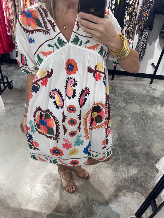 V Neck Print Short Dress