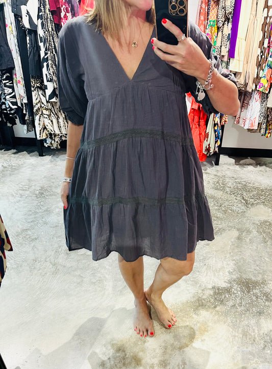 Small - Charcoal Gray Tiered Short Dress