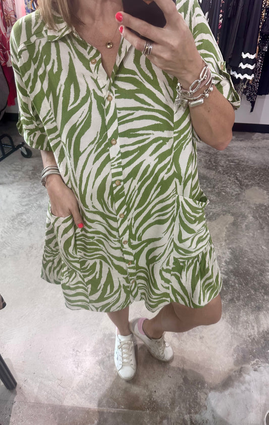 Green Print Button Down Short Dress