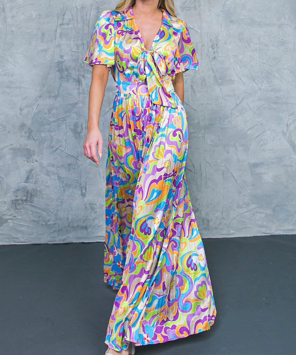 Multi Print Tie Front Chest Wide Leg Jumpsuit