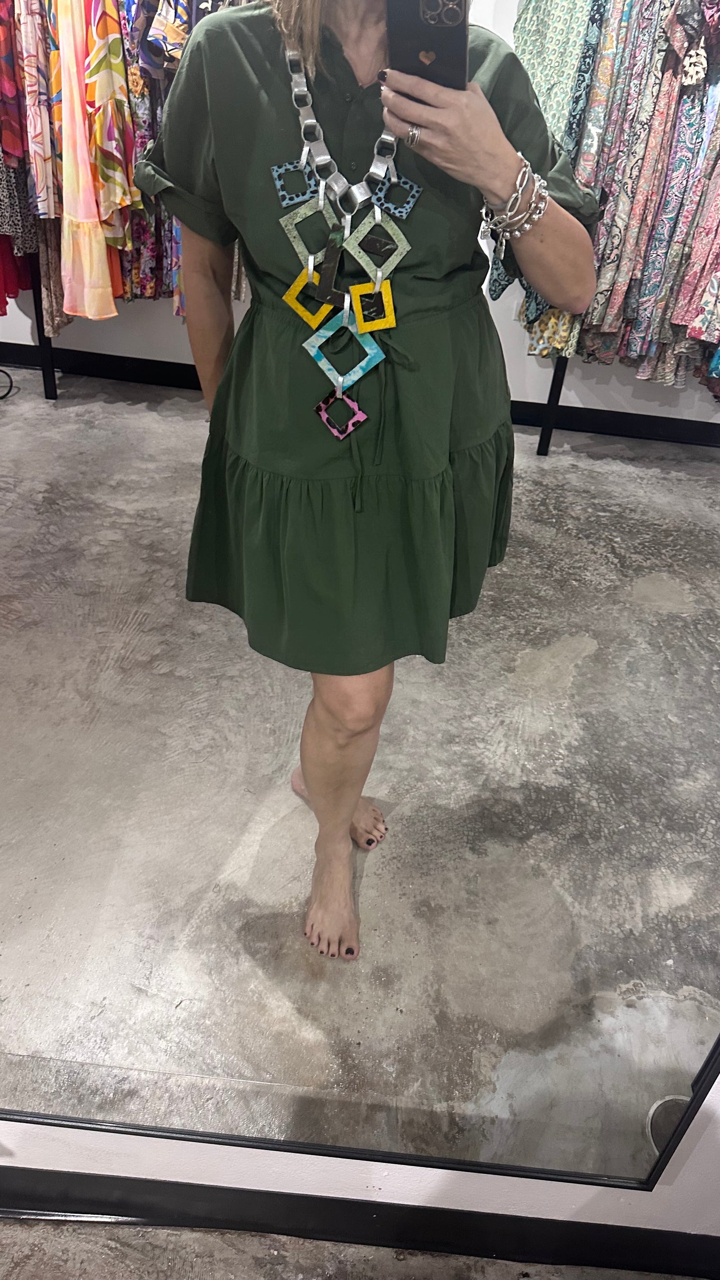 Military Green Tiered Short Dress
