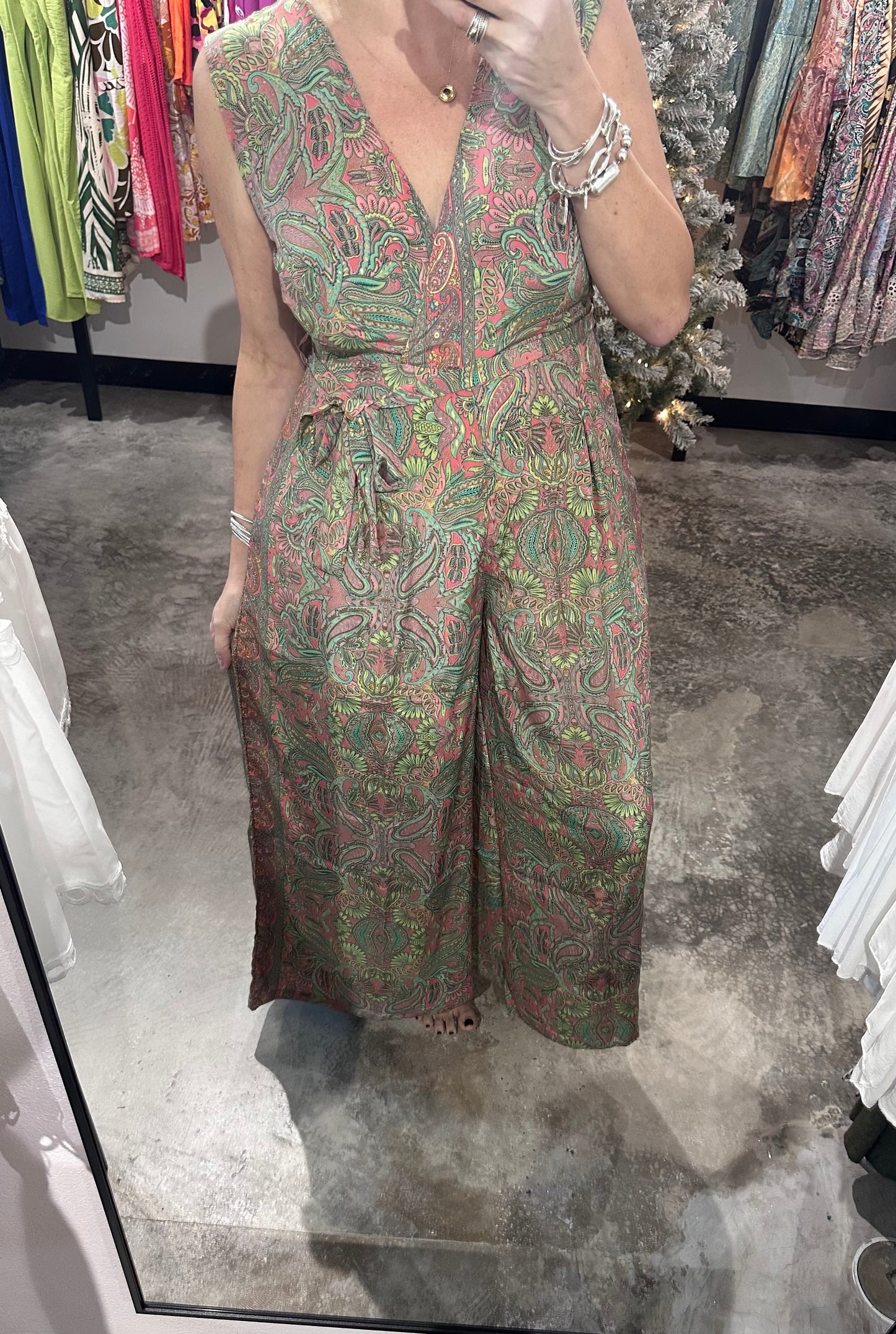 One Size V Neck Boho Wide Leg Jumpsuit