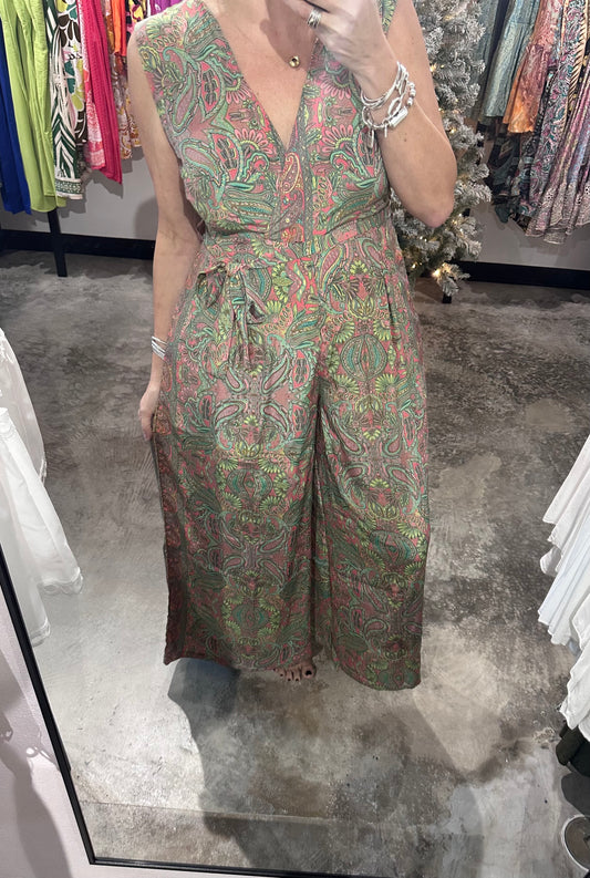 One Size V Neck Boho Wide Leg Jumpsuit