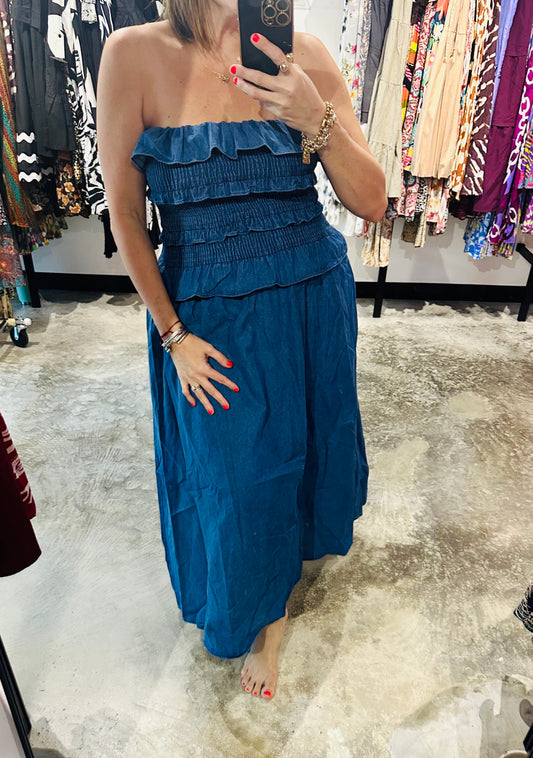 Denim Ruffle Maxi Dress