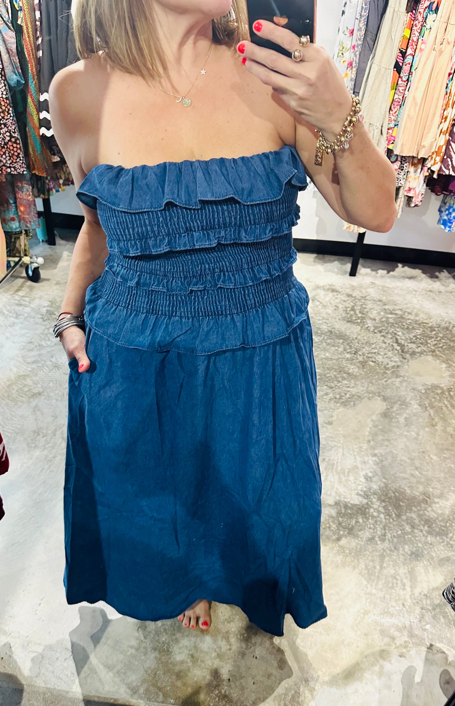 Denim Ruffle Maxi Dress