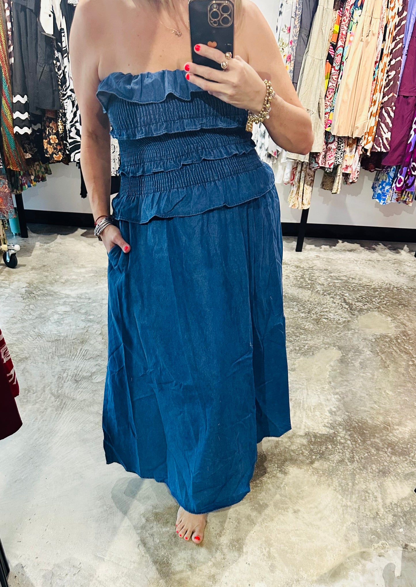 Denim Ruffle Maxi Dress