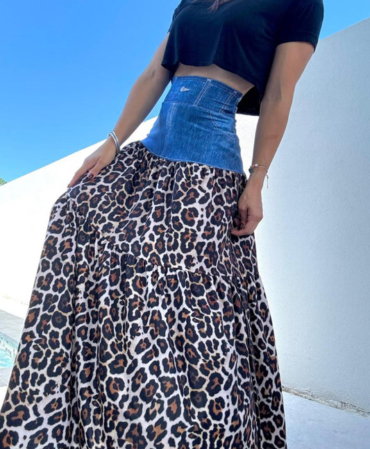 One Size Leopard Denim Maxi Skirt