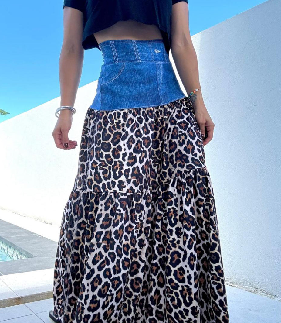 One Size Leopard Denim Maxi Skirt