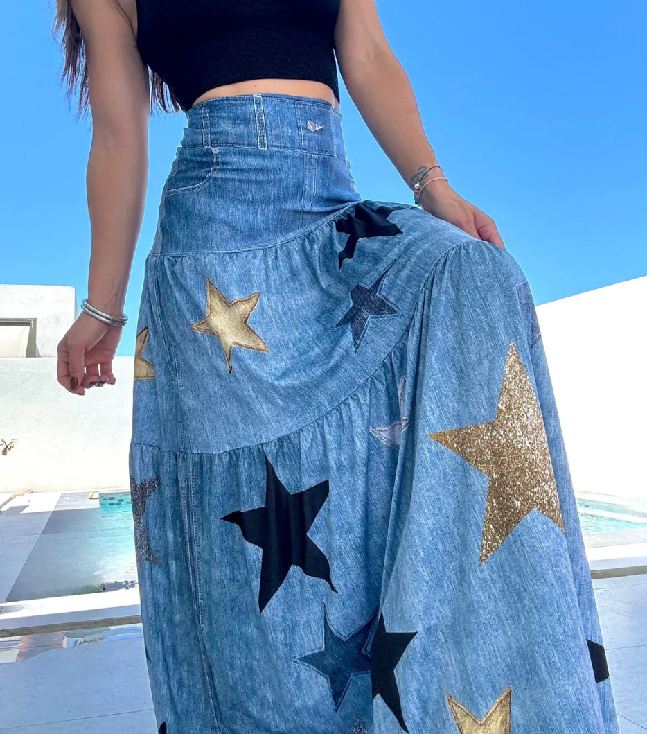 One Metallic Stars in Denim Maxi Skirt