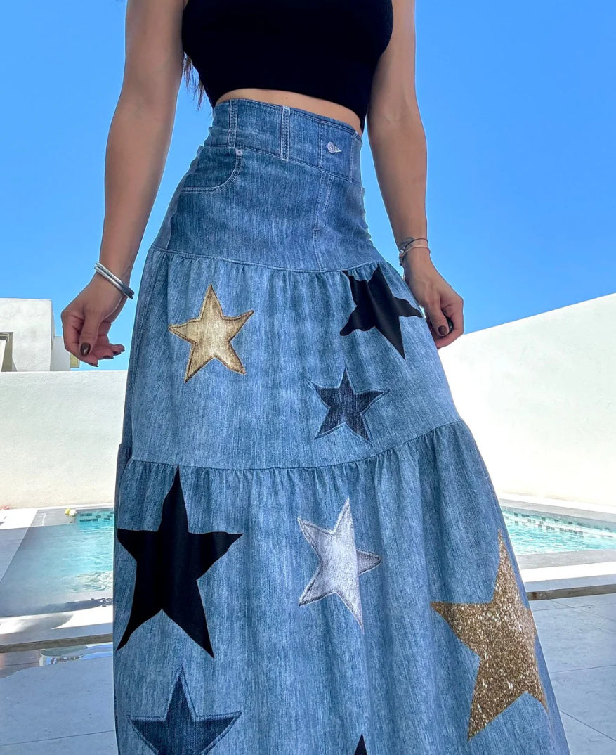 One Metallic Stars in Denim Maxi Skirt