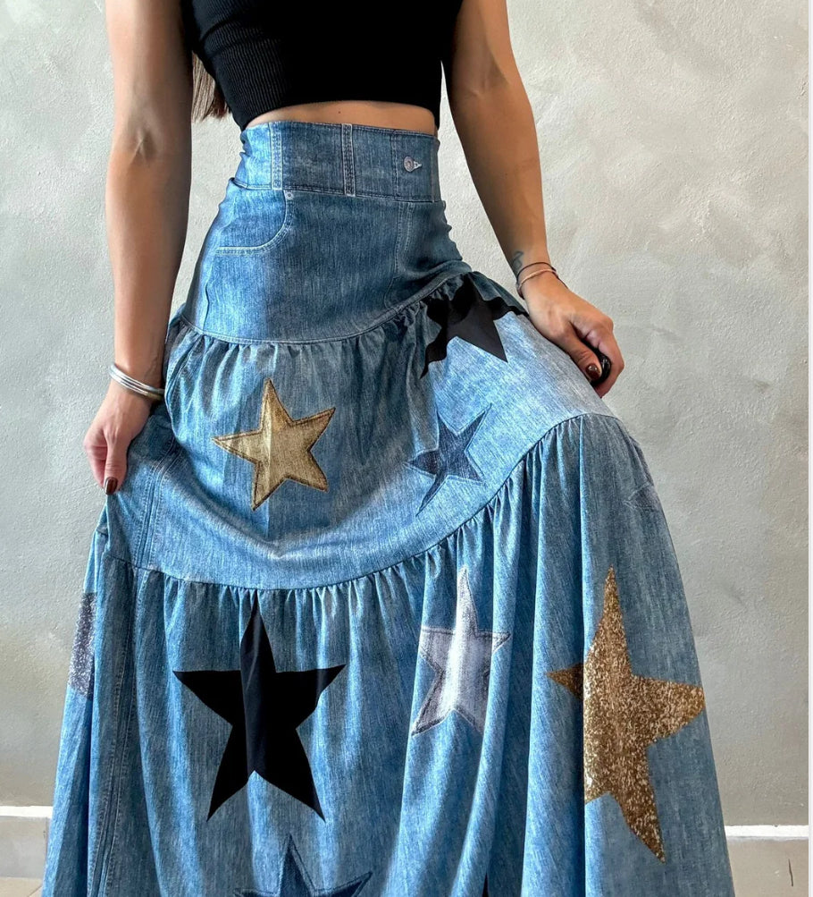 One Metallic Stars in Denim Maxi Skirt