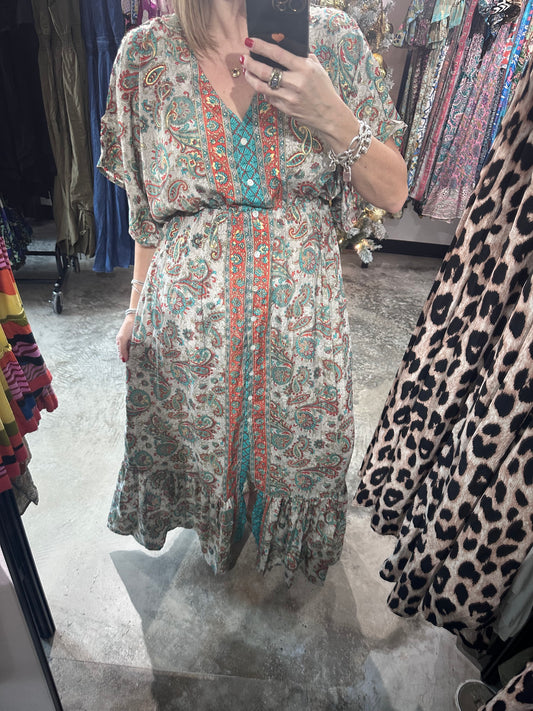 One Size Button Down Bell Sleeves Maxi Dress