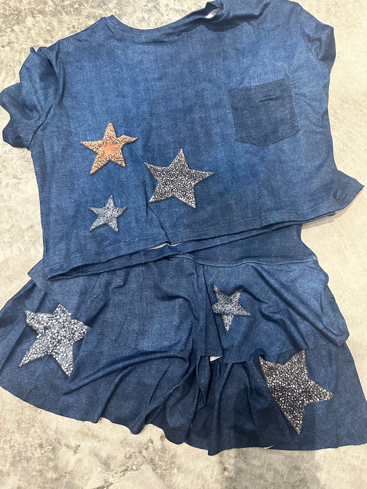 One Size Blue Dark Denim Stars Skirt