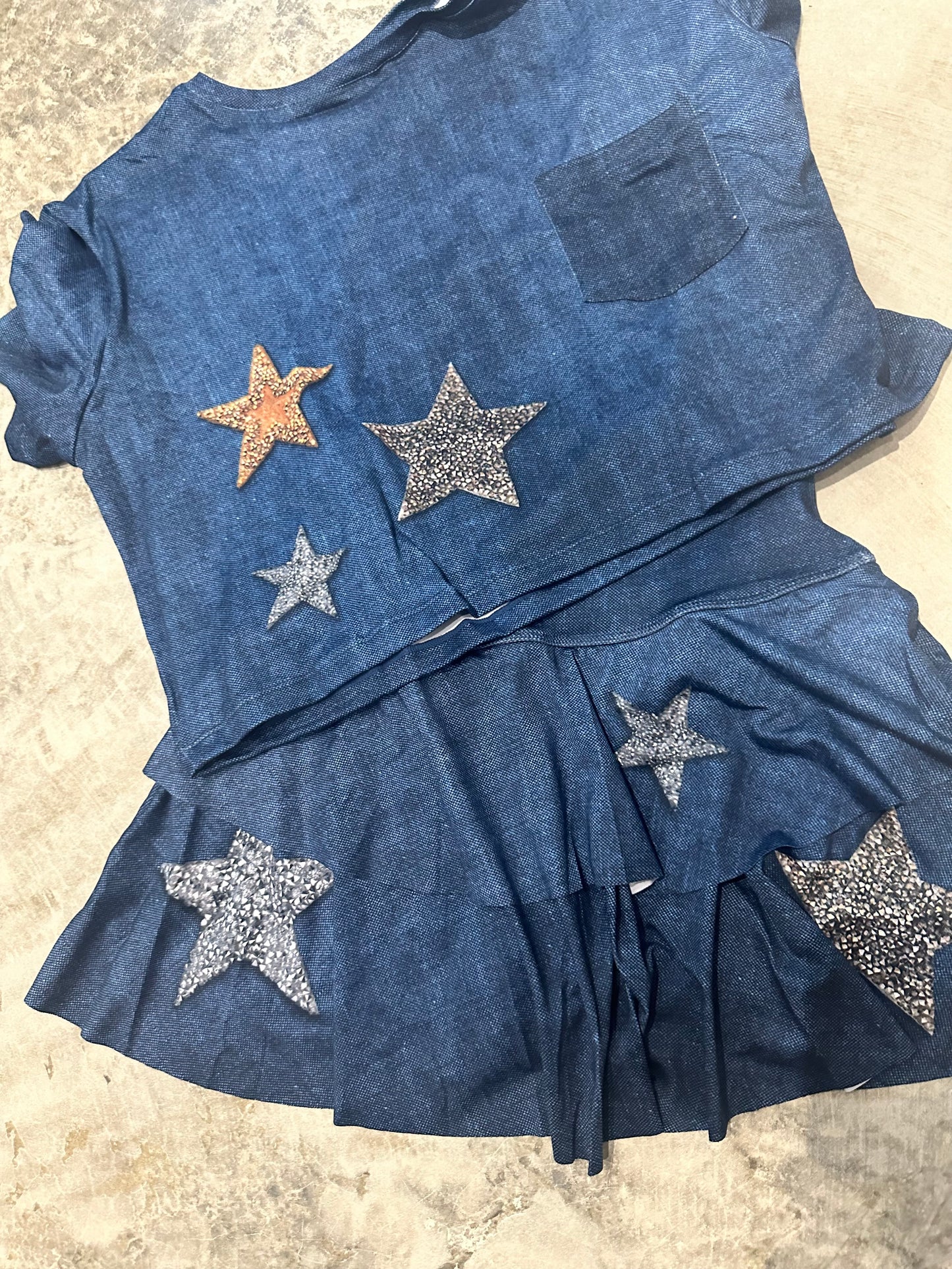 One Size Blue Dark Denim Stars Skirt