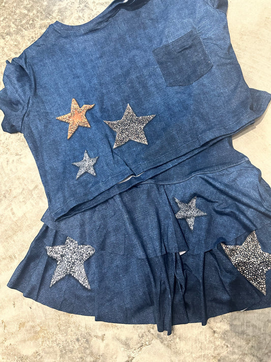 One Size Blue Dark Denim Stars Skirt