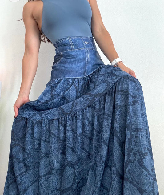 Denim Blue Snake Maxi Skirt