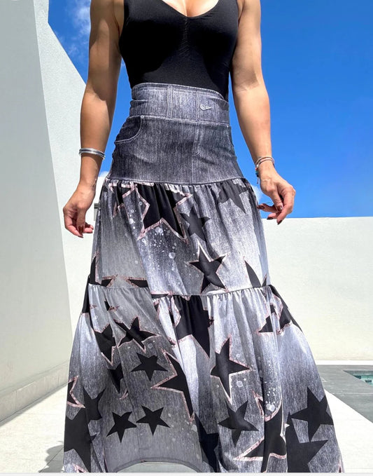 Black Stars Denim Maxi Skirt