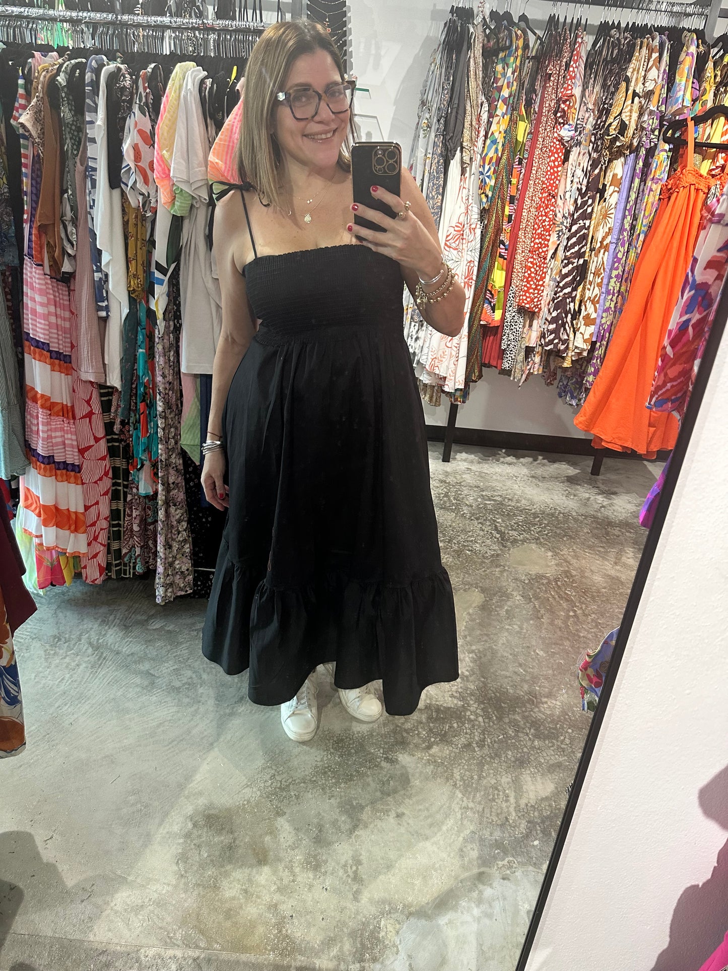 Small - Smocked Tie Strap Midi Dress