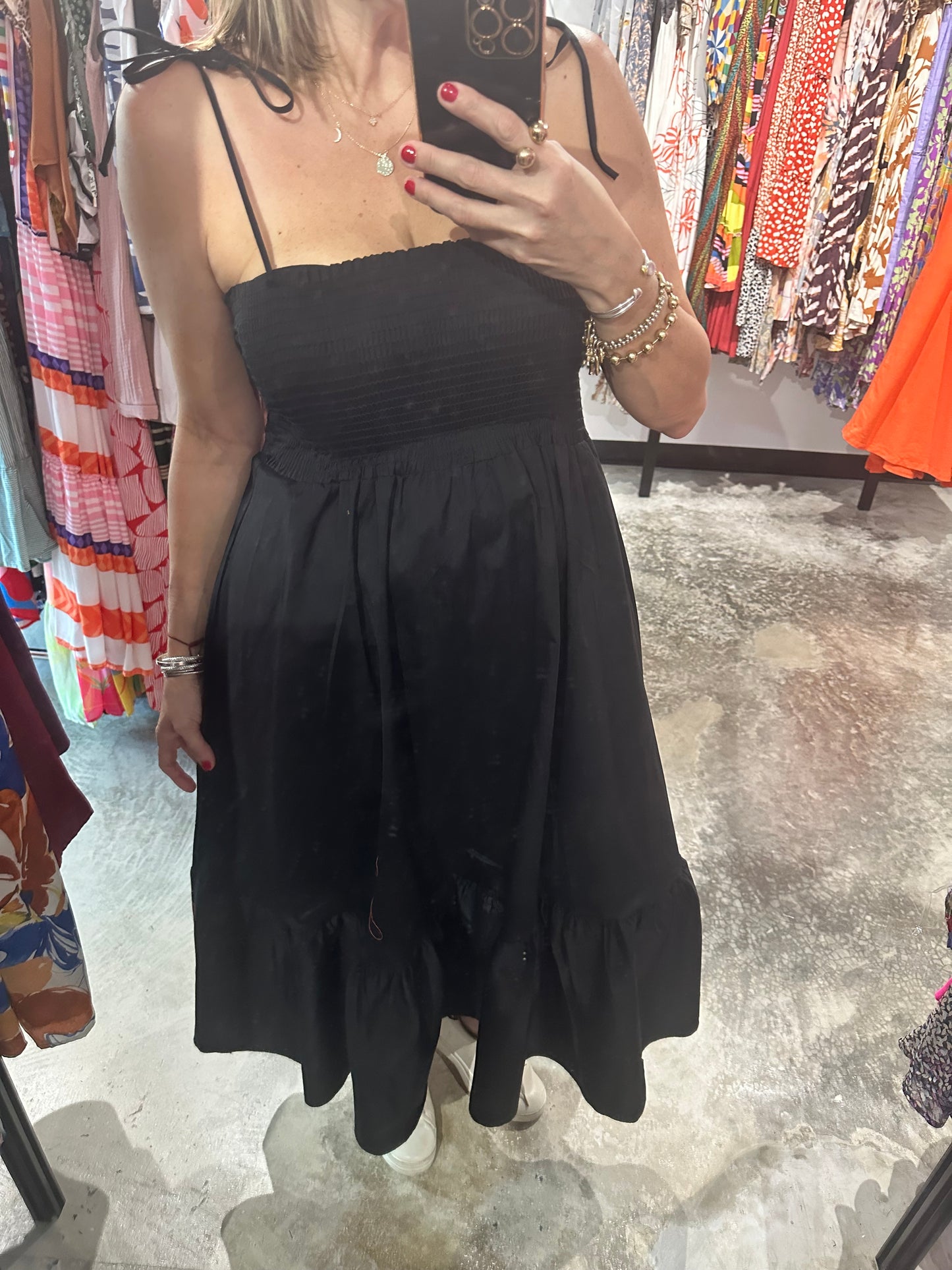Small - Smocked Tie Strap Midi Dress