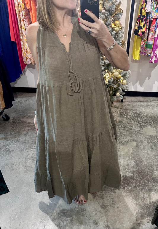 One Size Cotton Solid Tiered Maxi Dress