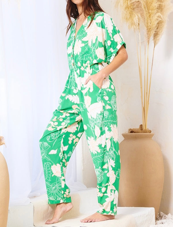 Green Floral Print Jumpsuit