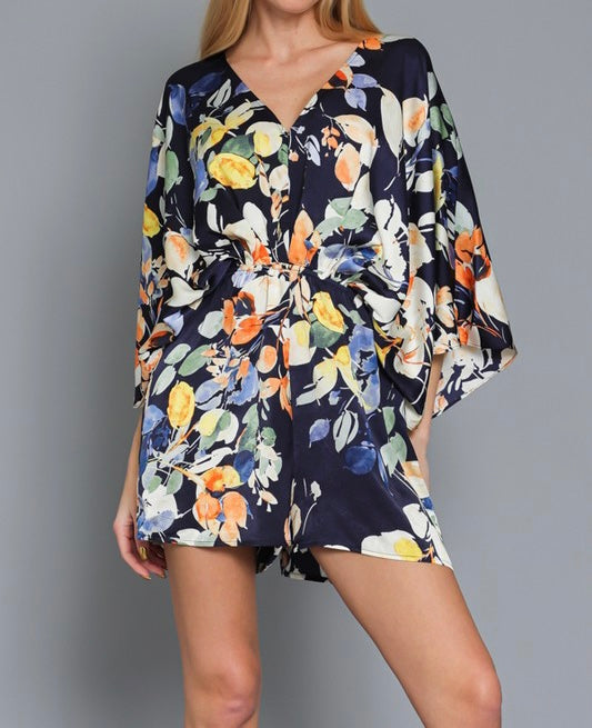 Navy Kimono Sleeve Print Romper