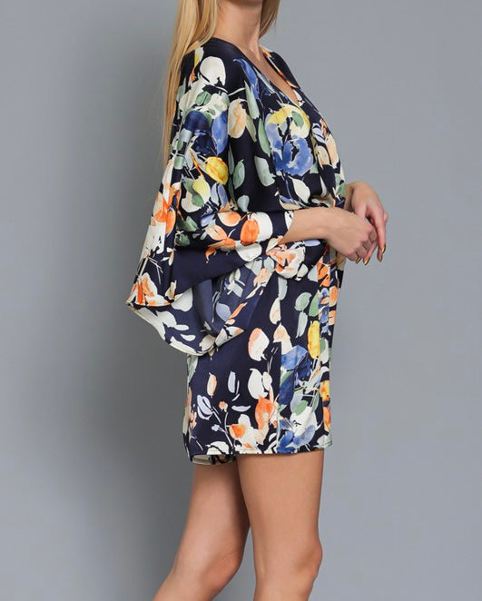 Navy Kimono Sleeve Print Romper