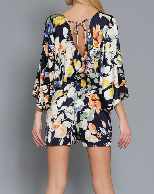 Navy Kimono Sleeve Print Romper