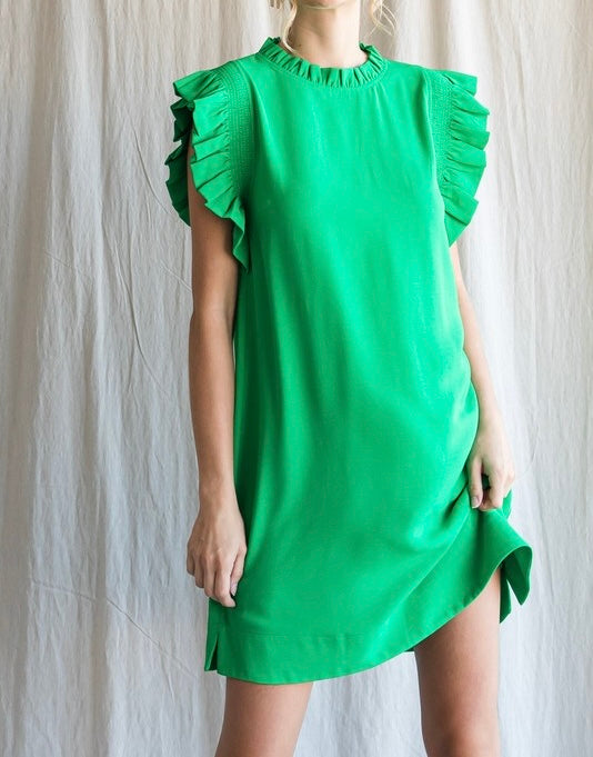 Solid Ruffle Apple Green Short Dress