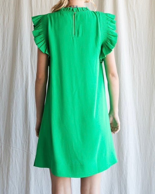 Solid Ruffle Apple Green Short Dress